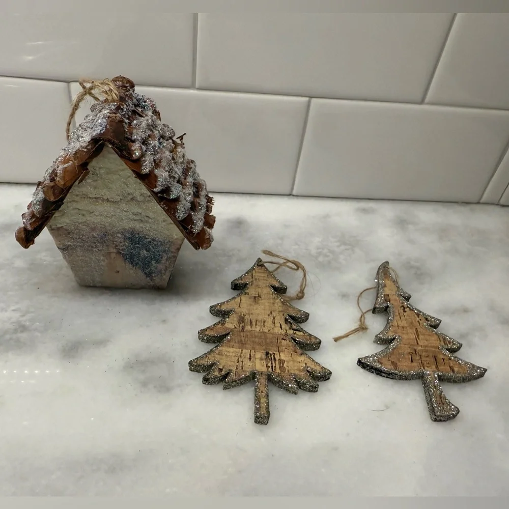 Crate And Barrel Woodland Christmas Ornaments. Set Of 3. Brand new